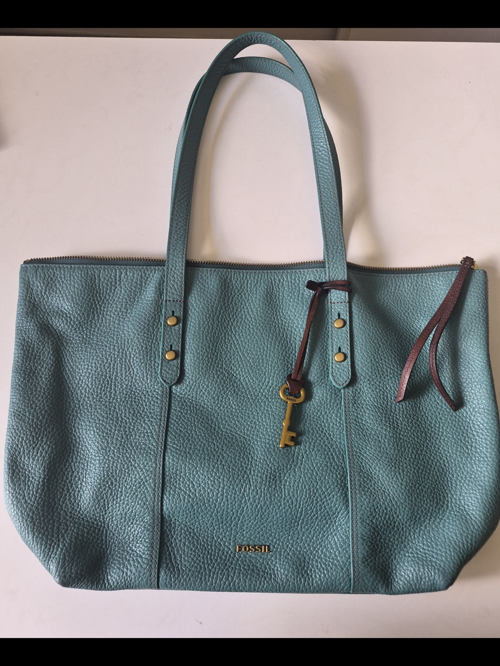 Fossil Teal Leather Tote Bag with Key Charm